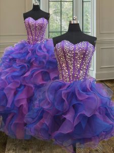 Three Piece Blue and Purple Lace Up Sweet 16 Quinceanera Dress Beading and Ruffles Sleeveless Floor Length