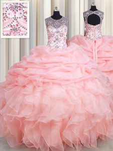 Scoop Pick Ups Baby Pink Sleeveless Organza Lace Up Quince Ball Gowns for Military Ball and Sweet 16 and Quinceanera
