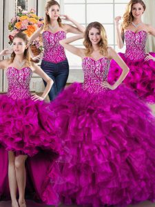 Sweet Four Piece Beading and Ruffles Sweet 16 Dress Fuchsia Lace Up Sleeveless