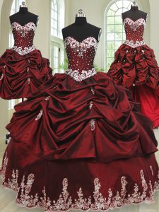 Excellent Four Piece Floor Length Wine Red Quinceanera Dress Taffeta Sleeveless Beading and Appliques and Pick Ups