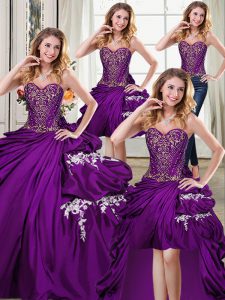 Four Piece Pick Ups Purple Sleeveless Taffeta Lace Up Ball Gown Prom Dress for Military Ball and Sweet 16 and Quinceanera