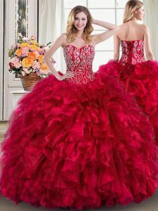 Custom Design Organza Sweetheart Sleeveless Brush Train Lace Up Beading and Ruffles 15th Birthday Dress in Red
