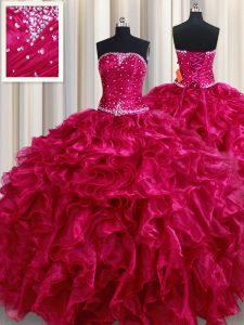On Sale Fuchsia Organza Lace Up Strapless Sleeveless Floor Length Quinceanera Gowns Beading and Ruffles
