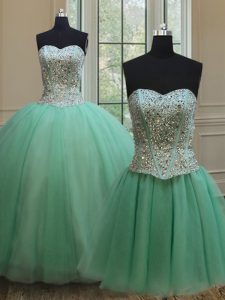 Three Piece Floor Length Apple Green Sweet 16 Dress Tulle Sleeveless Beading