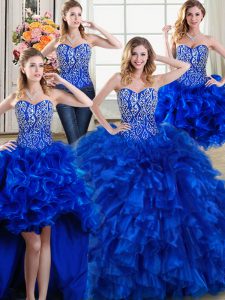 Fine Four Piece Royal Blue Quinceanera Dress Military Ball and Sweet 16 and Quinceanera with Beading and Ruffles Sweetheart Sleeveless Brush Train Lace Up