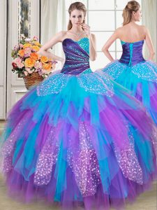Pretty Multi-color Tulle Lace Up Quinceanera Gown Sleeveless Floor Length Beading and Ruffles