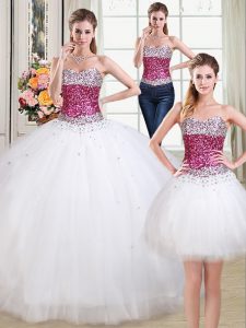Attractive Three Piece Floor Length Ball Gowns Sleeveless White Vestidos de Quinceanera Lace Up