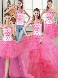Four Piece Hot Pink Strapless Lace Up Beading and Appliques and Ruffles Vestidos de Quinceanera Sleeveless