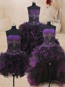 Most Popular Four Piece Black and Purple Strapless Lace Up Beading and Ruffles Ball Gown Prom Dress Sleeveless