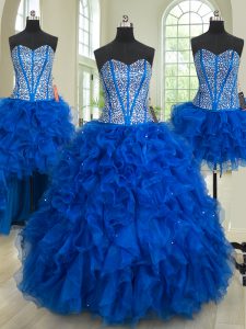 Dazzling Four Piece Royal Blue Ball Gowns Sweetheart Sleeveless Organza Floor Length Lace Up Beading and Ruffles Sweet 16 Quinceanera Dress