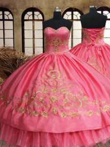 Pink Ball Gowns Sweetheart Sleeveless Organza and Taffeta Floor Length Lace Up Beading and Embroidery 15 Quinceanera Dress