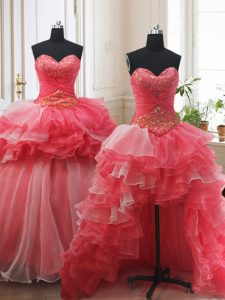 Three Piece White and Coral Red Organza Lace Up 15th Birthday Dress Sleeveless Brush Train Beading and Ruffled Layers