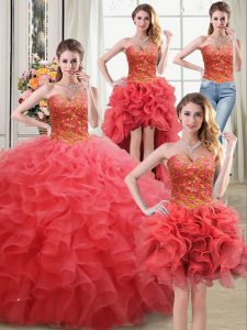 Pretty Four Piece Sleeveless Organza Floor Length Lace Up Vestidos de Quinceanera in Coral Red with Beading and Ruffles