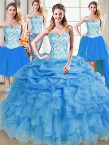 Four Piece Blue Ball Gowns Sweetheart Sleeveless Organza Floor Length Lace Up Beading and Ruffles and Pick Ups Ball Gown Prom Dress