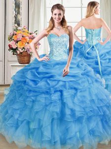 Glittering Blue Sleeveless Floor Length Beading and Ruffles and Pick Ups Lace Up Quinceanera Gowns