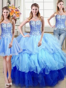 Stunning Three Piece Multi-color Sweetheart Neckline Ruffles and Sequins 15th Birthday Dress Sleeveless Lace Up