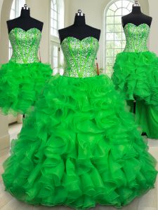 Fantastic Four Piece Sleeveless Lace Up Floor Length Beading and Ruffles Quinceanera Dress