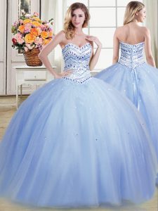 Light Blue Ball Gowns Sweetheart Sleeveless Tulle Floor Length Lace Up Beading Quinceanera Gowns