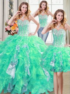 Stylish Three Piece Turquoise Organza Lace Up Sweetheart Sleeveless Floor Length Sweet 16 Dresses Beading and Ruffles and Sequins