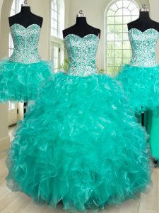 Deluxe Four Piece Floor Length Lace Up Quinceanera Gowns Turquoise for Military Ball and Sweet 16 and Quinceanera with Beading and Ruffles