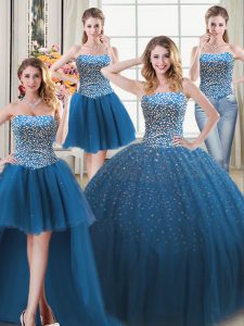 Four Piece Floor Length Lace Up Quinceanera Gown Teal for Military Ball and Sweet 16 and Quinceanera with Beading