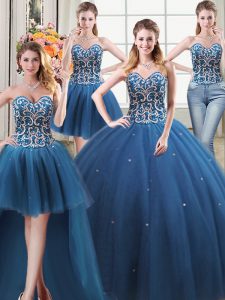 Eye-catching Four Piece Teal Ball Gowns Beading Quinceanera Gown Lace Up Tulle Sleeveless Floor Length