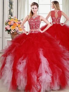 Scoop Sleeveless Floor Length Beading and Ruffles Zipper Quinceanera Gown with White and Red