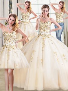 Four Piece Sweetheart Sleeveless Quinceanera Gowns Floor Length Beading Champagne Tulle