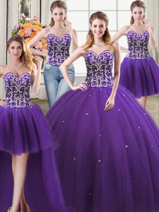 Four Piece Purple 15 Quinceanera Dress Military Ball and Sweet 16 and Quinceanera with Beading Sweetheart Sleeveless Lace Up