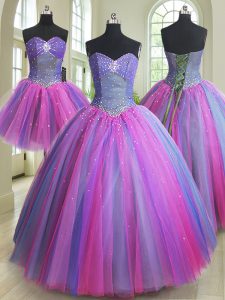 Three Piece Multi-color Tulle Lace Up Sweetheart Sleeveless Floor Length Sweet 16 Quinceanera Dress Beading