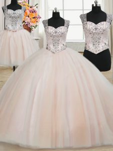 Three Piece Pink Zipper Straps Beading Ball Gown Prom Dress Tulle Sleeveless