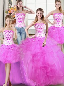 Four Piece Fuchsia Tulle Lace Up Strapless Sleeveless Floor Length 15th Birthday Dress Beading and Appliques and Ruffles