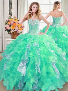 Turquoise Sleeveless Floor Length Beading and Ruffles and Sequins Lace Up Sweet 16 Dress