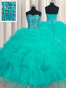 Pretty Turquoise Ball Gowns Organza Sweetheart Sleeveless Beading and Ruffles Floor Length Lace Up 15th Birthday Dress