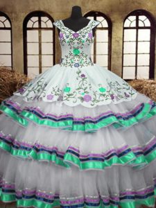 Cute Organza and Taffeta Straps Sleeveless Lace Up Embroidery and Ruffled Layers Quinceanera Dress in White