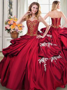 Comfortable Wine Red Quince Ball Gowns Military Ball and Sweet 16 and Quinceanera with Beading and Appliques and Pick Ups Sweetheart Sleeveless Lace Up