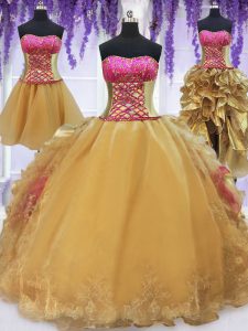 Fancy Four Piece Hot Pink and Gold Ball Gowns Organza and Taffeta Strapless Sleeveless Beading and Lace and Ruffles With Train Lace Up 15th Birthday Dress Brush Train