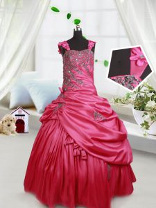 Straps Hot Pink Taffeta Lace Up Girls Pageant Dresses Sleeveless Floor Length Beading and Appliques and Pick Ups