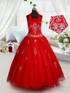 Customized Red Little Girls Pageant Dress Wholesale Quinceanera and Wedding Party with Beading and Appliques Halter Top Sleeveless Lace Up