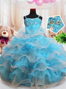 Lovely Ruffled Straps Sleeveless Zipper Pageant Gowns For Girls Baby Blue Organza