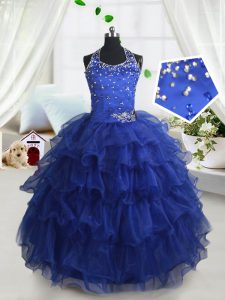 Halter Top Sleeveless Floor Length Beading and Ruffled Layers Lace Up Little Girl Pageant Gowns with Royal Blue