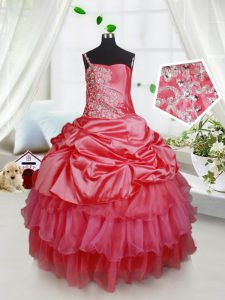 Simple Sleeveless Organza and Taffeta Floor Length Lace Up Kids Pageant Dress in Red with Beading and Ruffled Layers