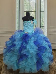 Gorgeous Blue Organza Lace Up Child Pageant Dress Sleeveless Floor Length Beading and Ruffles