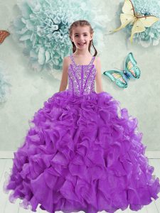 Simple Straps Eggplant Purple Ball Gowns Beading and Ruffles Kids Formal Wear Lace Up Organza Sleeveless Floor Length