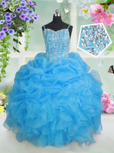 Pick Ups Floor Length Baby Blue Kids Pageant Dress Spaghetti Straps Sleeveless Lace Up
