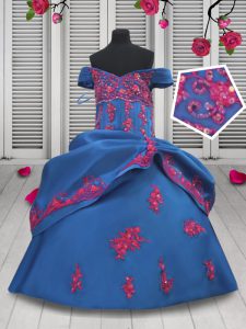 Latest Pick Ups Ball Gowns Child Pageant Dress Blue Off The Shoulder Taffeta Sleeveless Floor Length Lace Up