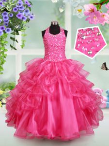 Attractive Halter Top Sleeveless Beading and Ruffled Layers Lace Up Little Girl Pageant Gowns