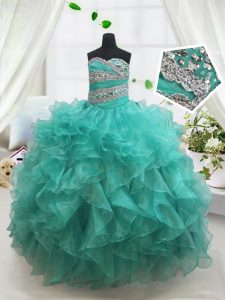 Superior Floor Length Turquoise Kids Formal Wear Organza Sleeveless Beading and Ruffles