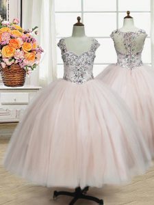 Tulle Straps Cap Sleeves Zipper Beading Kids Pageant Dress in Pink