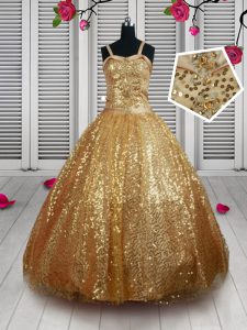 Straps Sleeveless Lace Up Floor Length Beading and Sequins Child Pageant Dress